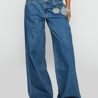 A Keeper Flower Patch Low Rise Wide Leg Jeans Mid Blue