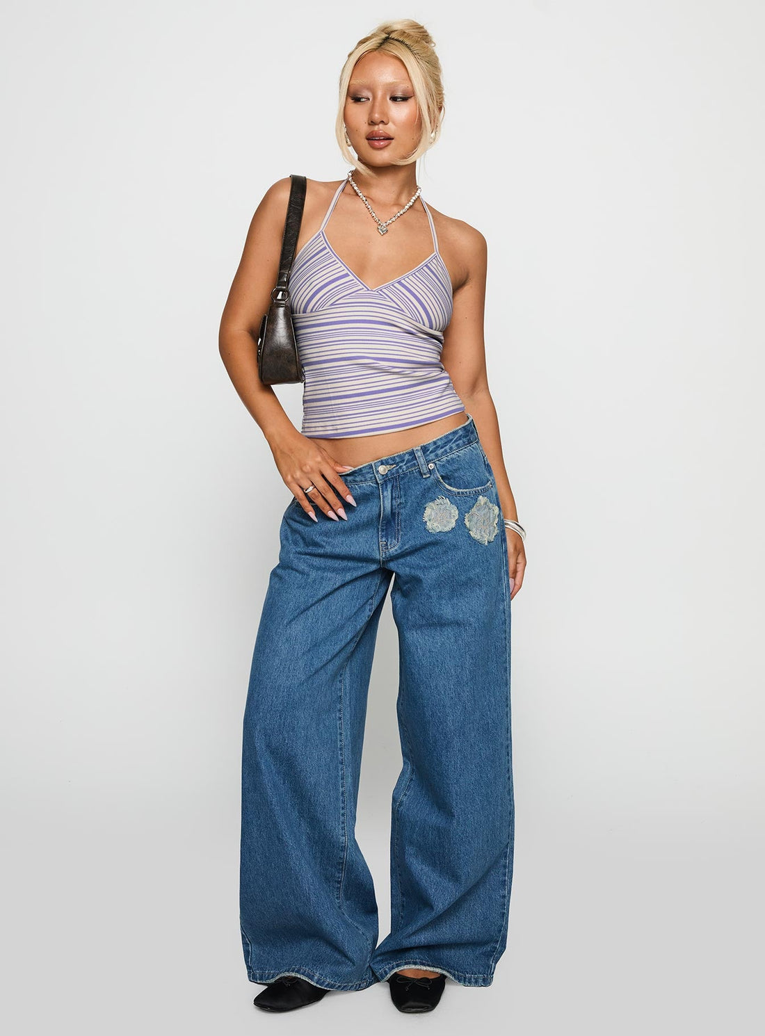 A Keeper Flower Patch Low Rise Wide Leg Jeans Mid Blue