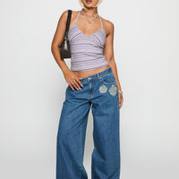 A Keeper Flower Patch Low Rise Wide Leg Jeans Mid Blue