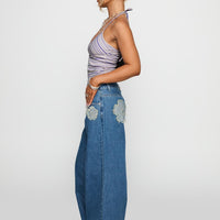 A Keeper Flower Patch Low Rise Wide Leg Jeans Mid Blue