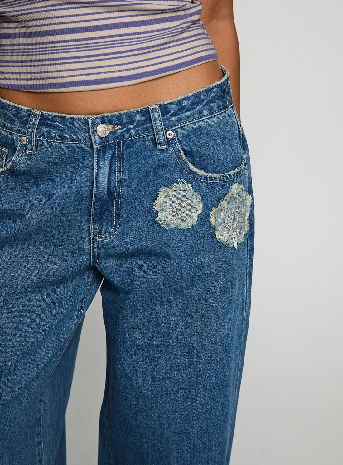 A Keeper Flower Patch Low Rise Wide Leg Jeans Mid Blue
