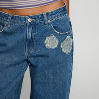 A Keeper Flower Patch Low Rise Wide Leg Jeans Mid Blue