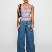 A Keeper Flower Patch Low Rise Wide Leg Jeans Mid Blue